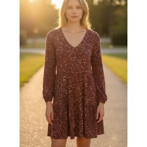 Gilli Burgundy Red Floral Print Fleece Tiered Dress Size Large